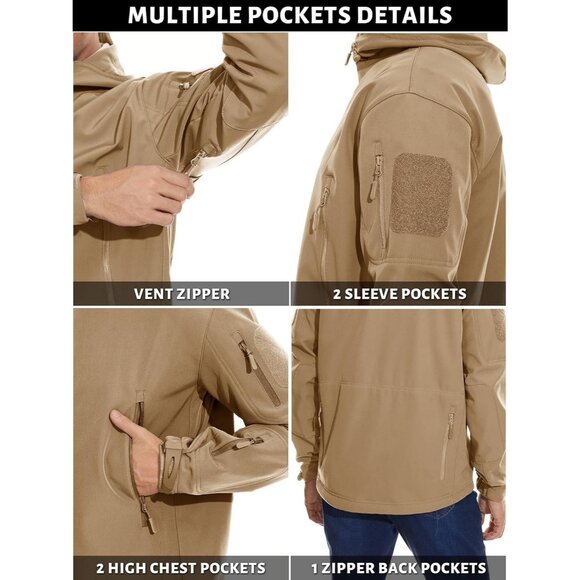 Men's #10-sand Tactical Soft Shell Winter Jacket with Fleece Lining & Hood - Picture 4 of 6